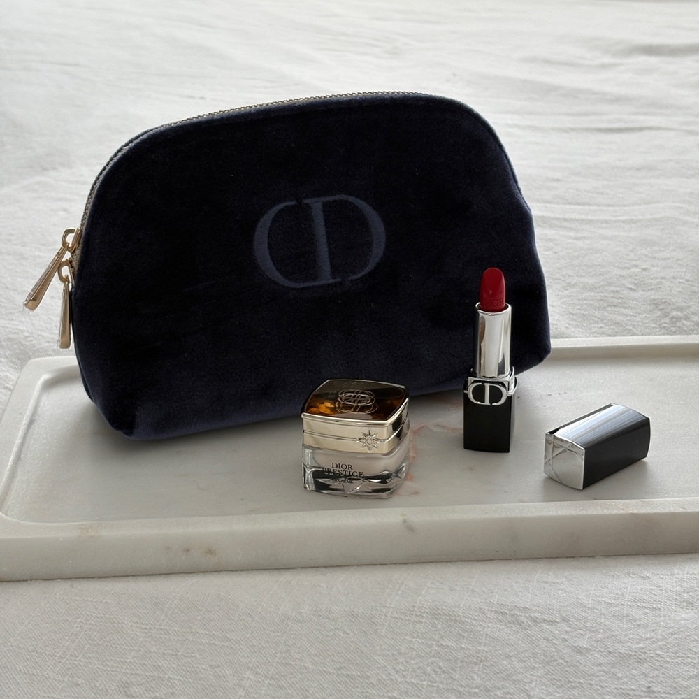 Dior Navy Velvet Beauty Pouch | Dior Prestige La Crème | Rouge Dior Lipstick - Picture 7 of 9